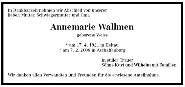 Weiss Annemarie 1921-2008Todesanzeige